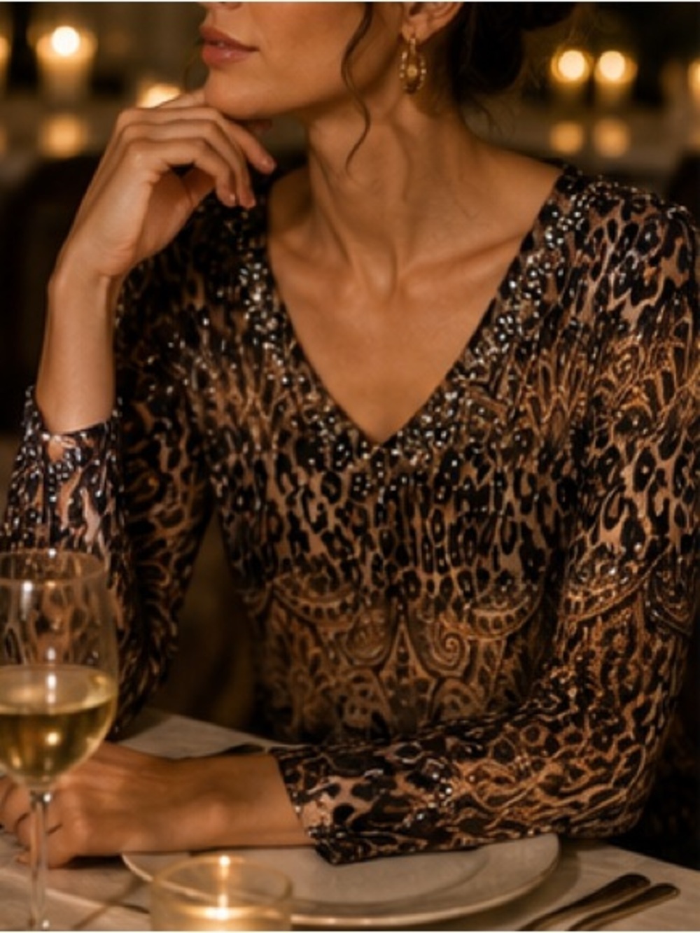 Damee Inc embellished knit top animal print 3/4 sleeves Size xl